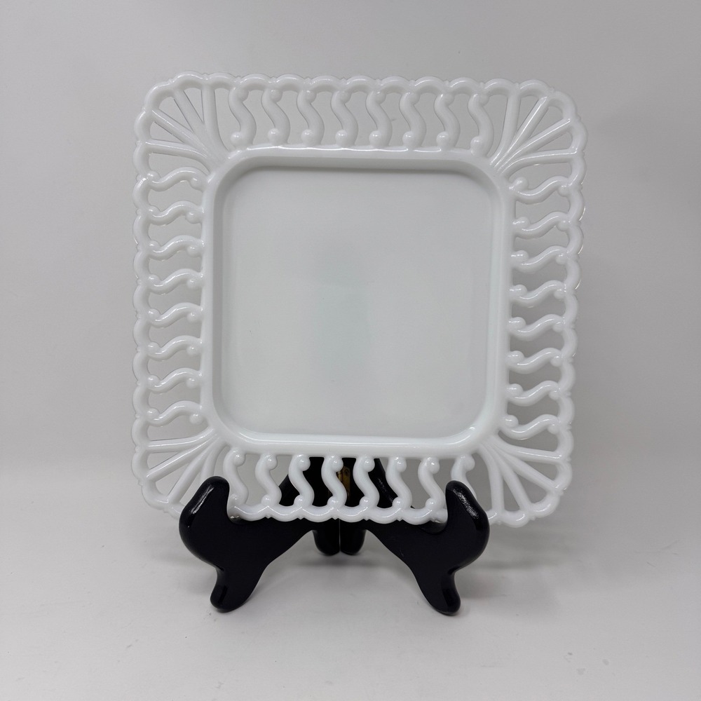 Vintage White Milk Glass Square Plate with Openwork Lattice Edge